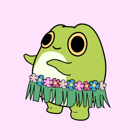 A Frog Wearing A Hula Skirt With Flowers Around Its Waist GIF