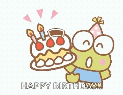 A Frog Wearing A Party Hat Is Holding A Birthday Cake GIF