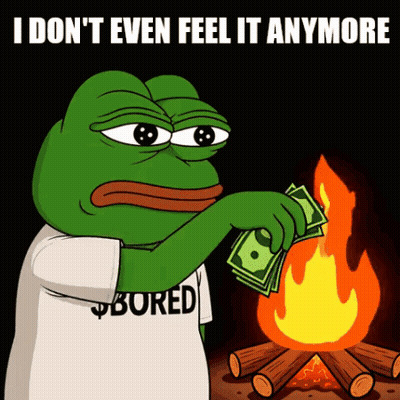 A Frog Wearing A Shirt That Says Bored Is Holding Money In Front Of A Campfire GIF