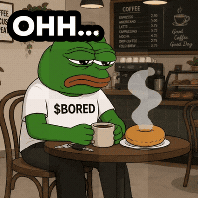 A Frog Wearing A Shirt That Says $ Bored Sits At A Coffee Shop GIF
