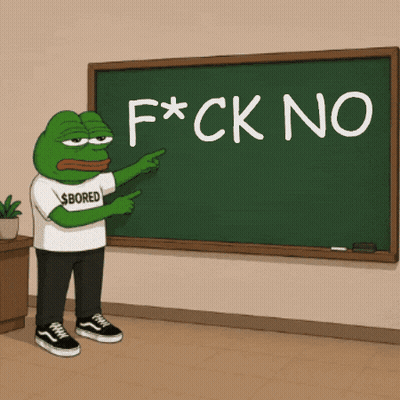 A Frog Wearing A Shirt That Says $ Bored Stands In Front Of A Blackboard That Says F * Ck No GIF