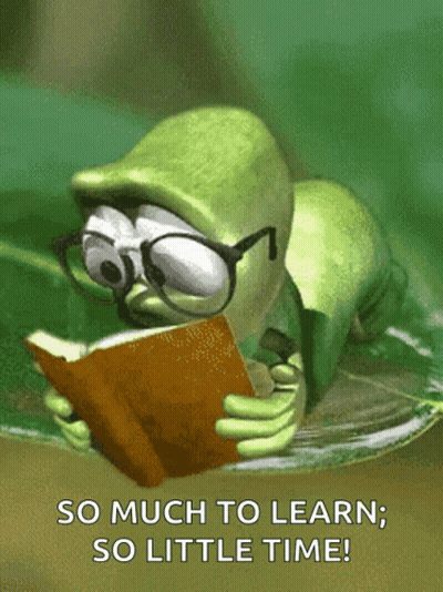 A Frog Wearing Glasses Is Reading A Book With The Words So Much To Learn So Little Time GIF