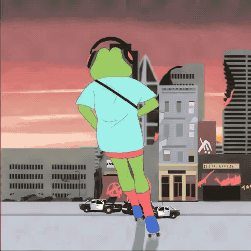 A Frog Wearing Headphones Is Riding A Skateboard In Front Of A Building That Says Electrical GIF