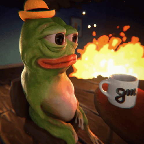A Frog With A Hat On Its Head Sits Next To A Cup That Says Gm GIF