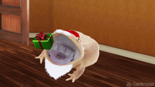 A Frog With A Santa Hat And Beard Is Holding A Gift Box GIF