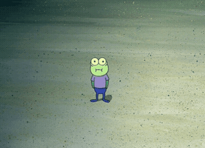 A Frog With Big Eyes And A Purple Shirt Is Standing On A Sandy Beach GIF