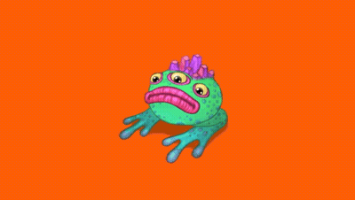 A Frog With Purple Eyes And A Pink Mouth Is Sitting On An Orange Background . GIF