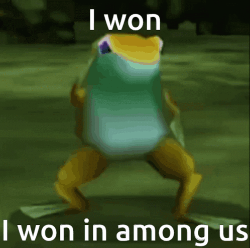 A Frog With The Words I Won In Among Us On It GIF