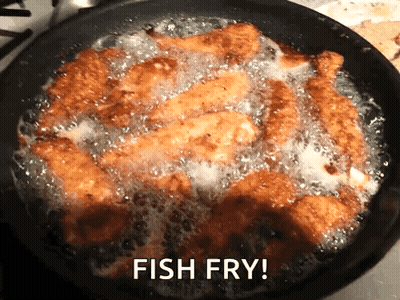 A Frying Pan Filled With Fried Fish With The Words Fish Fry Written Above It GIF