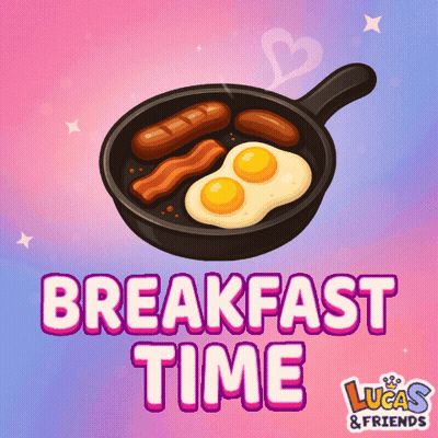 A Frying Pan With Eggs Bacon And Sausage With The Words Breakfast Time On The Bottom GIF