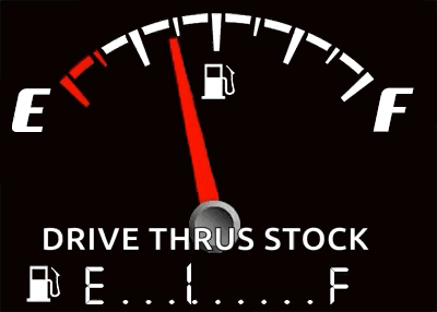 A Fuel Gauge That Says " Drive Thru Stock " At The Bottom GIF