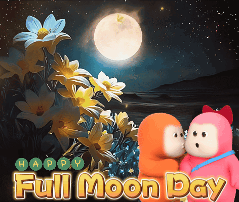 A Full Moon Day Card With Two Stuffed Animals Kissing In Front Of Flowers GIF