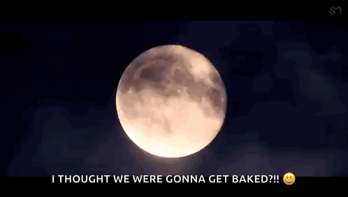 A Full Moon Is Visible In The Night Sky With The Words `` I Thought We Were Gonna Get Baked '' Written Below It . GIF