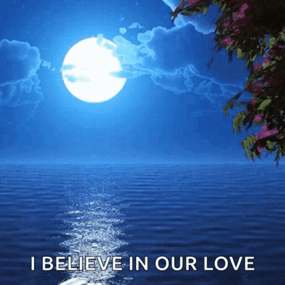 A Full Moon Over A Body Of Water With The Words I Believe In Our Love Below It GIF
