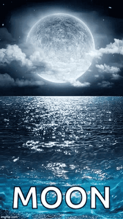 A Full Moon Over The Ocean With The Word Moon Below It GIF