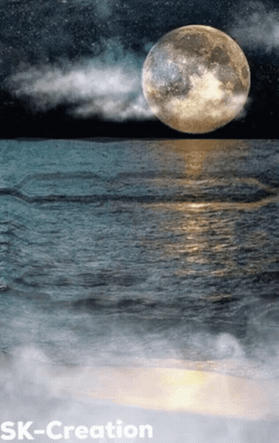 A Full Moon Rises Over A Body Of Water With Sk-Creation Written On The Bottom GIF
