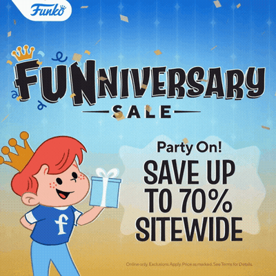 A Funko Anniversary Sale Poster With A Boy Holding A Gift GIF