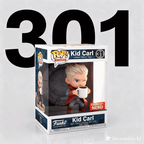 A Funko Pop Figurine Of Kid Carl Holding A Cup Of Coffee GIF