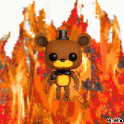 A Funko Pop Of Five Nights At Freddy 'S With A Microphone In Front Of A Fire Background GIF