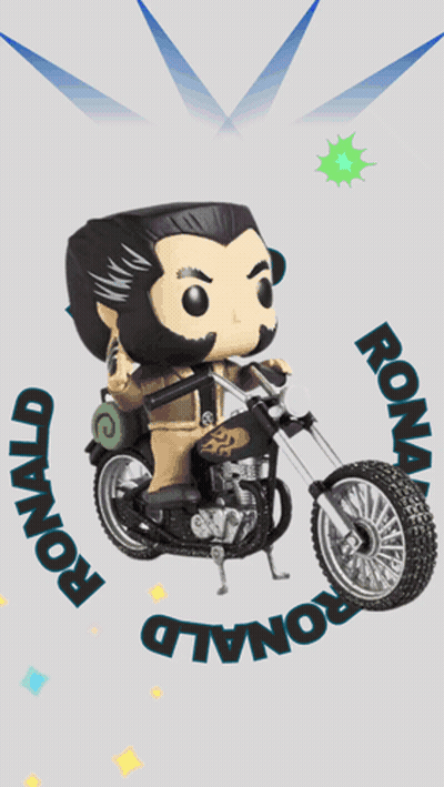 A Funko Pop Of Wolverine Is Riding A Motorcycle With The Word Boom Behind Him GIF