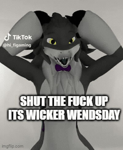 A Furry Character With A Purple Bow Tie Says Shut The Fuck Up Its Wicker Wendsday GIF
