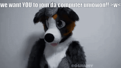 A Furry Dog With The Words We Want You To Join Da Computer Uniowon Written Above It GIF