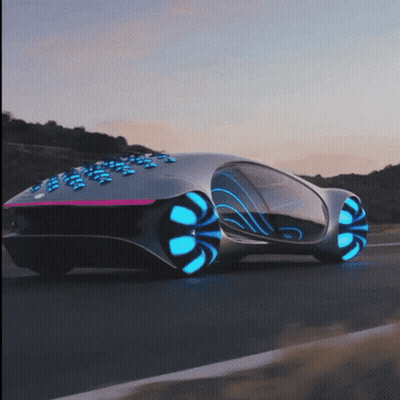 A Futuristic Car With Blue Lights On The Wheels GIF