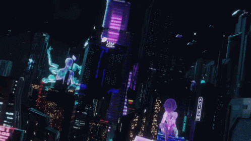 A Futuristic City At Night With A Leaf Corp Sign In The Background GIF