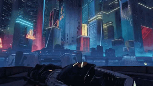 A Futuristic City At Night With A Sign That Says ' Carpe Diem ' On It GIF