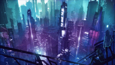 A Futuristic City At Night With A Sign That Says For Anyone For All GIF