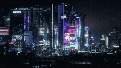 A Futuristic City At Night With A Sign That Says Sofaya On It GIF