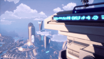 A Futuristic City With A Blue Sign That Says Cvls GIF
