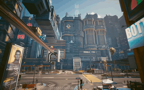 A Futuristic City With A Sign That Says " Bot " On It GIF
