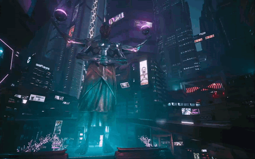 A Futuristic City With A Statue In The Middle And A Sign That Says ' G ' On It GIF