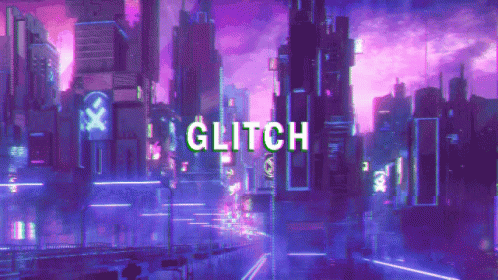 A Futuristic City With The Word Glitch In The Foreground GIF