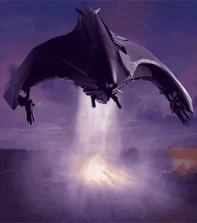 A Futuristic Jet Is Flying In The Sky With A Purple Background GIF