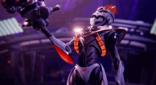 A Futuristic Robot With A Purple Background Is Holding A Gun GIF