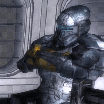 A Futuristic Soldier With A Blue Helmet And Yellow Gloves GIF