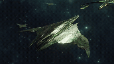 A Futuristic Space Ship Is Flying Through The Space GIF