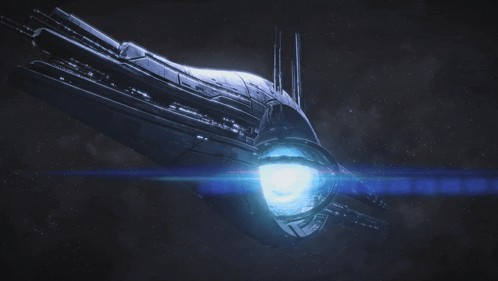 A Futuristic Space Ship With A Blue Light Coming Out Of It 'S Engine GIF