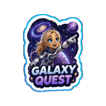 A Galaxy Quest Sticker With A Girl Pointing At A Purple Planet Sticker