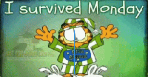 A Garfield Cartoon Says I Survived Monday With His Arms Outstretched GIF