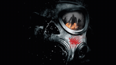 A Gas Mask With A Picture Of A Group Of People Behind It GIF
