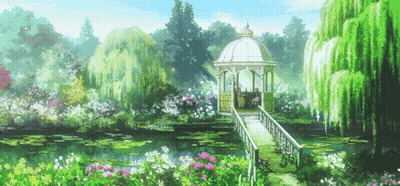 A Gazebo Sits In The Middle Of A Lush Green Park GIF