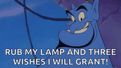 A Genie From Aladdin Is Smiling And Says Rub My Lamp And Three Wishes I Will Grant GIF