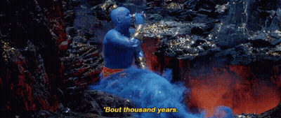A Genie Says " Bout Thousand Years " While Sitting On A Rock GIF