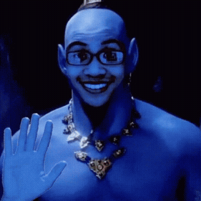 A Genie Wearing Glasses And A Necklace Is Waving His Hand GIF