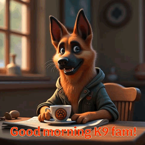 A German Shepherd Sitting At A Table With A Cup Of Coffee And A Newspaper GIF