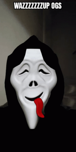 A Ghost Face With A Red Tongue Sticking Out And The Words Wazzzzzzzup Ogs Above It GIF