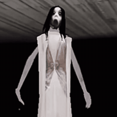 A Ghost In A White Dress Is Standing In The Dark . GIF